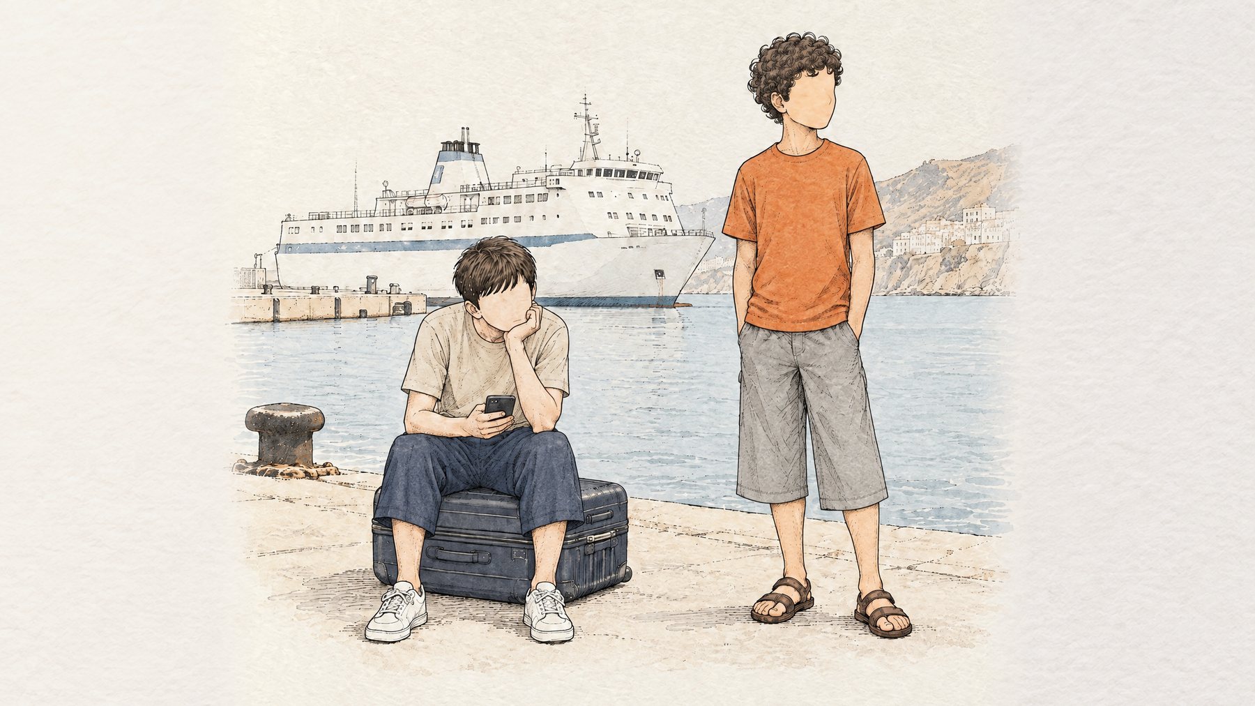 Two groups of children meeting on a sunlit street above the sea — one arriving with bags and a football, the other already at home there.